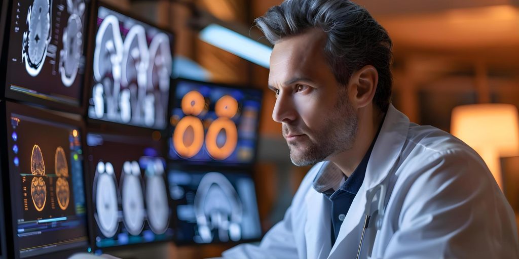 El médico examina la resonancia magnética para el diagnóstico médico en el laboratorio de neurología Concepto Tecnología médica Laboratorio de diagnóstico de resonancia magnético de neurología