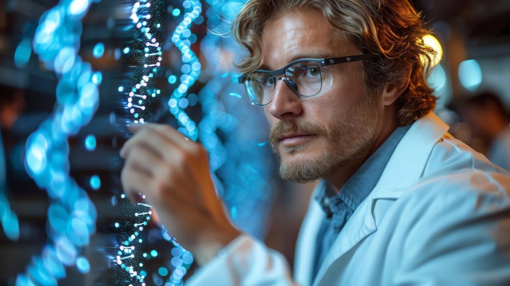 Médico tocando la estructura del ADN o la hélice de la cepa Genética y ciencia médica cadena de moléculas de ADN humano